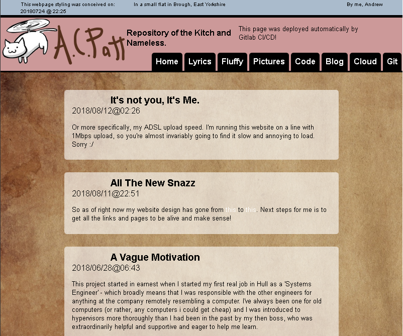 The front page of my old website. It&rsquo;s pink and brown and the logo is a cat with a helicopter rotor. It&rsquo;s quite &ldquo;busy&rdquo;.